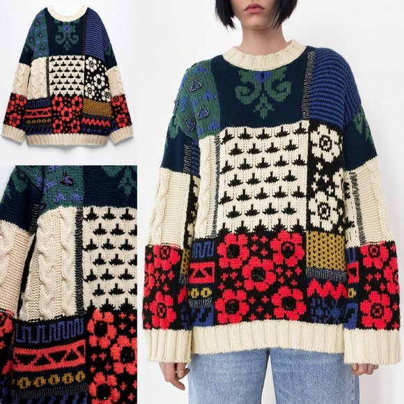 NEW Zara Patchwork Wool Blend Beaded Applique Oversize Limited Edition Sweater M - Picture 11 of 16